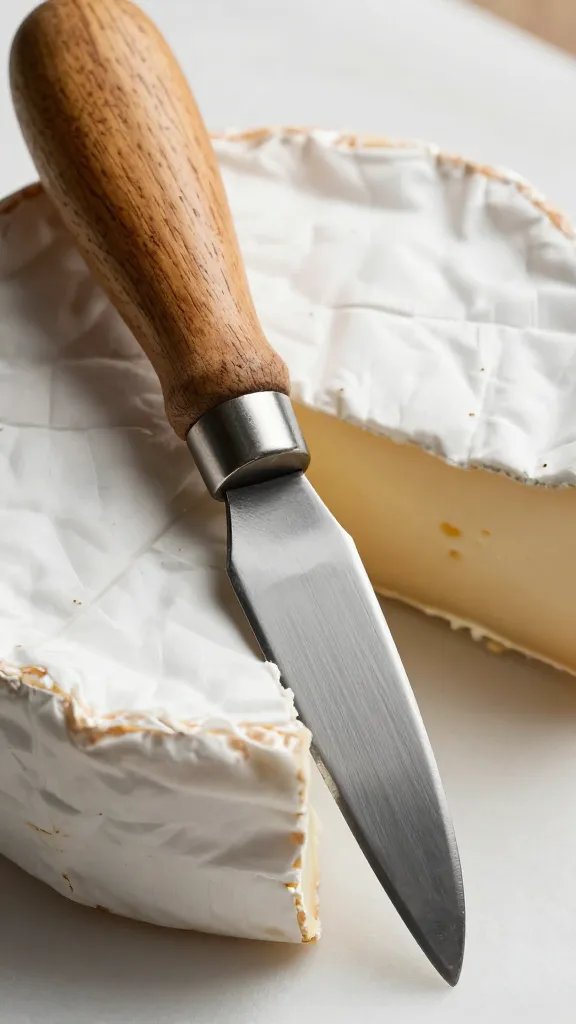 closeup of a rustic wooden cheese knife and brie slice