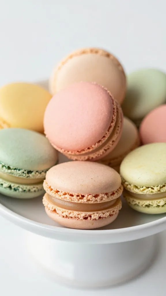 closeup of pastel macarons on a ceramic dessert plate