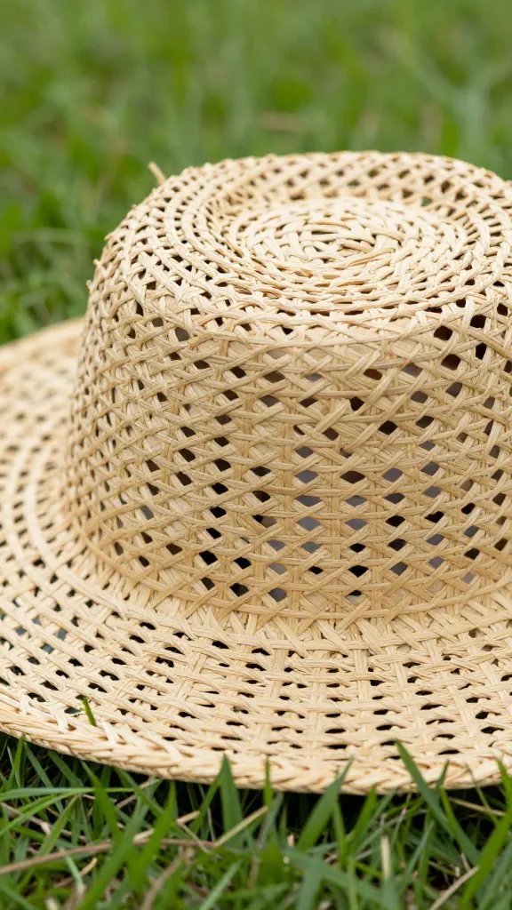 closeup of a woven rattan sun hat resting on grass