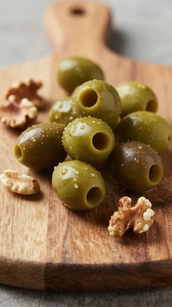 closeup of a rustic wooden serving board with olives and nuts