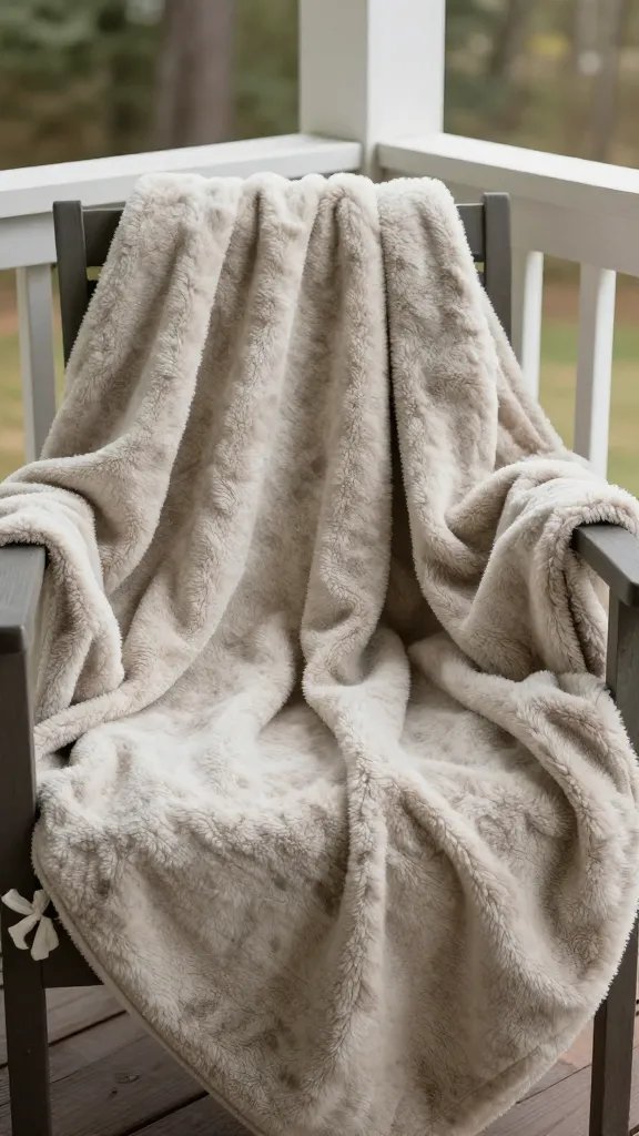 closeup of a blankets-strewn outdoor seating area on a porch railing