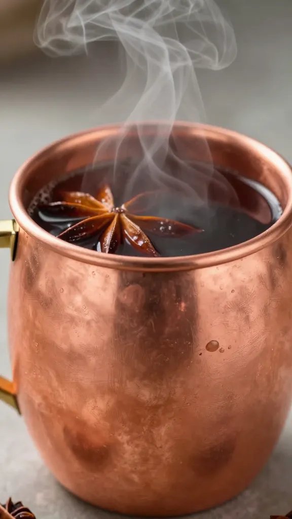 closeup of a copper mug with hot spiced cider and steam