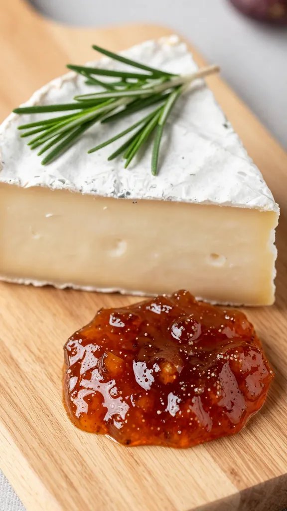 closeup of a single cheese board with fig jam and rosemary sprigs