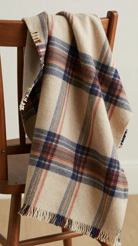 closeup of a wool plaid blanket draped over a wooden chair