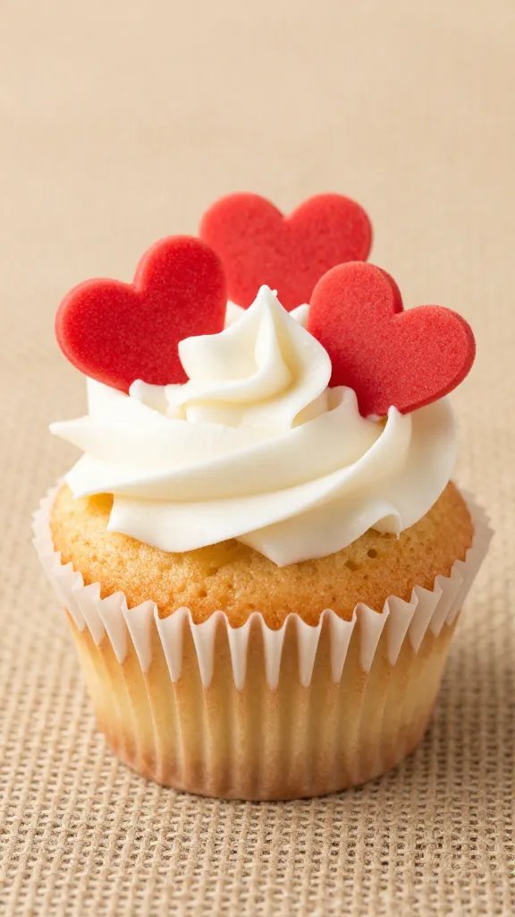closeup of a single cupcake with frosted heart toppers on burlap