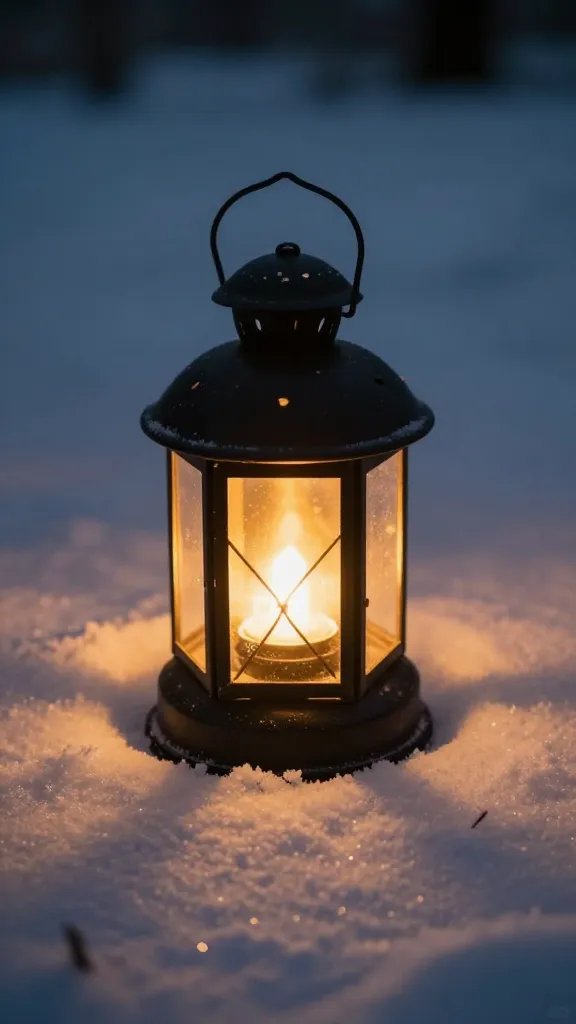 closeup of a single lantern casting warm glow on snow