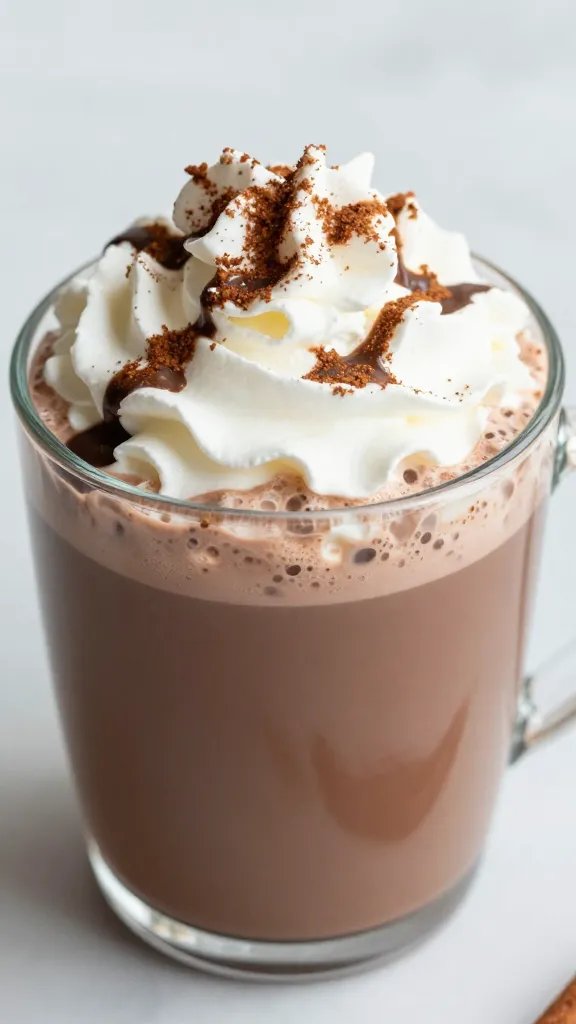 closeup of a mug of hot chocolate with whipped cream and cinnamon