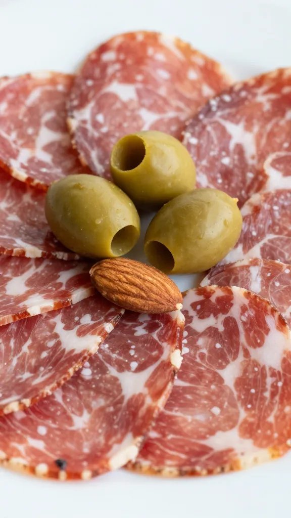 closeup of a single plate of charcuterie with olives and almonds