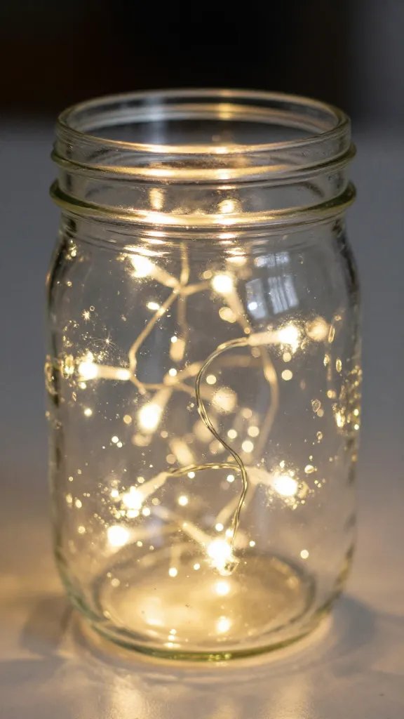 closeup of a single mason jar centerpiece with fairy lights