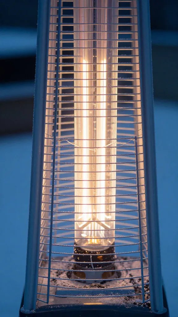 closeup of a single outdoor heater glow reflecting on frost