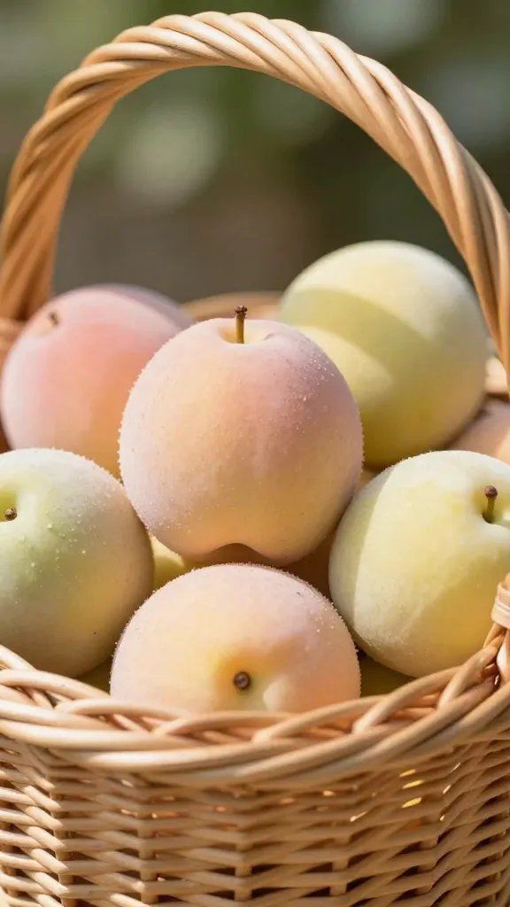 closeup sunlit wicker basket filled with pastel fruits