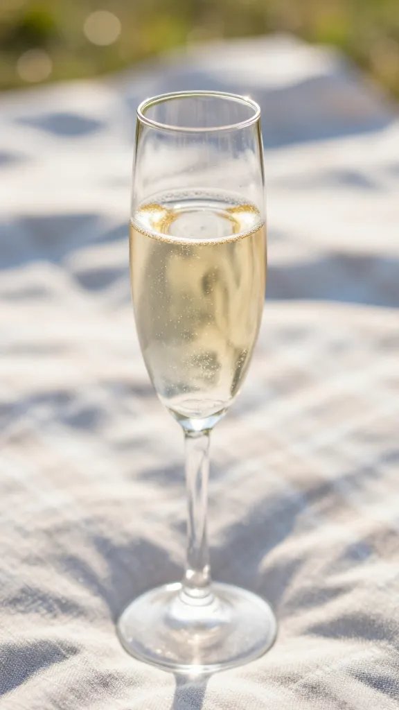 closeup champagne flute with sun flare on picnic blanket
