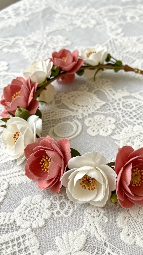 closeup blush flower crown resting on lace tablecloth