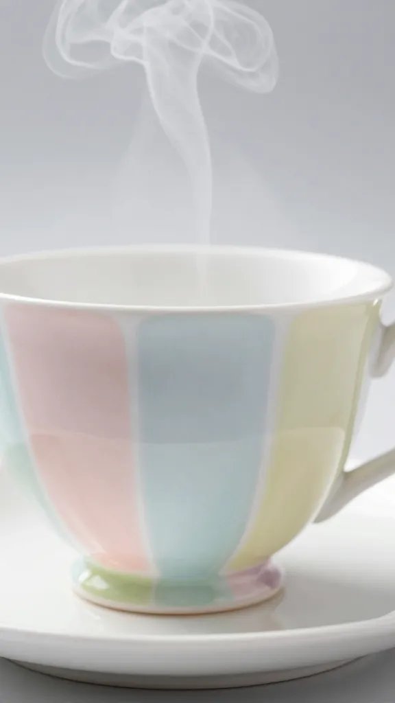 closeup pastel teacup with steam against white plate
