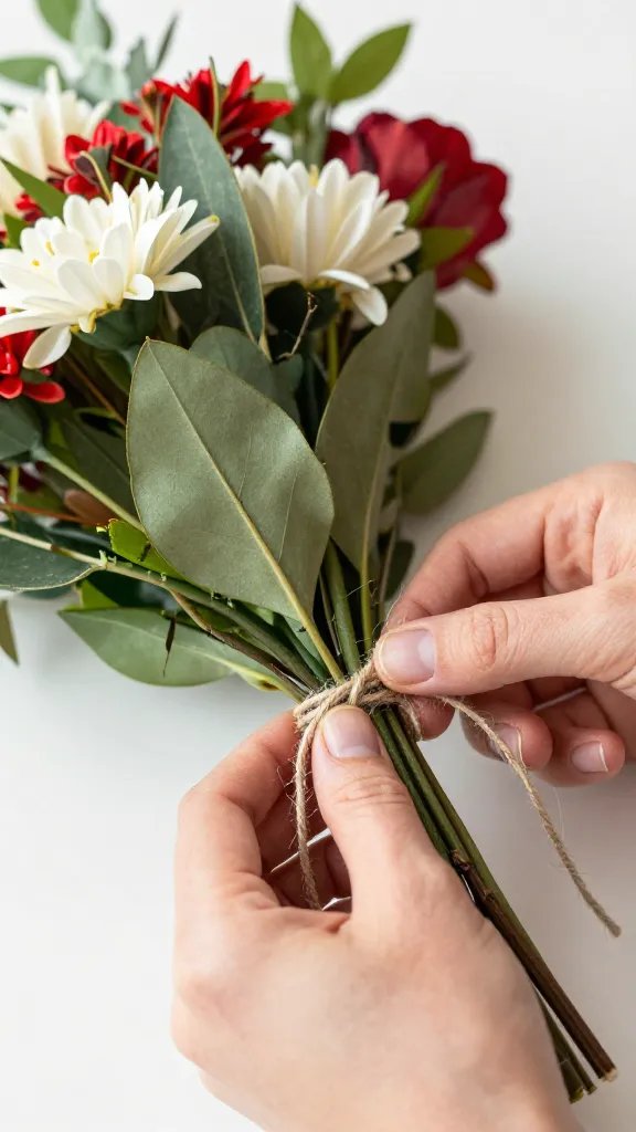 closeup hand tying twine around picnic garnish bouquet