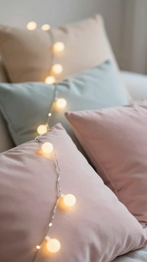 closeup string lights casting bokeh over pastel cushions