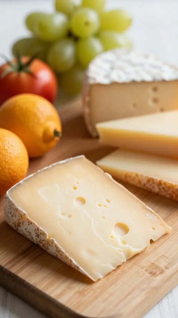 closeup wooden cutting board with cheese and fruit