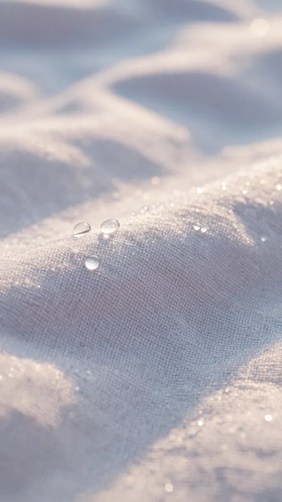 closeup dew on pastel picnic blanket fibers in morning light