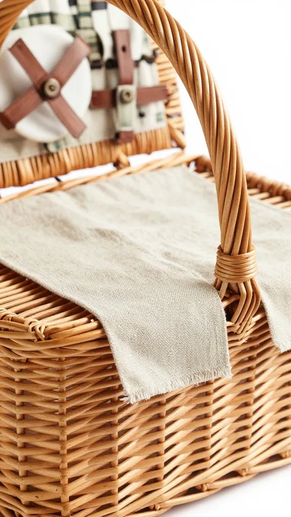 closeup of a single wicker picnic basket with linen runner