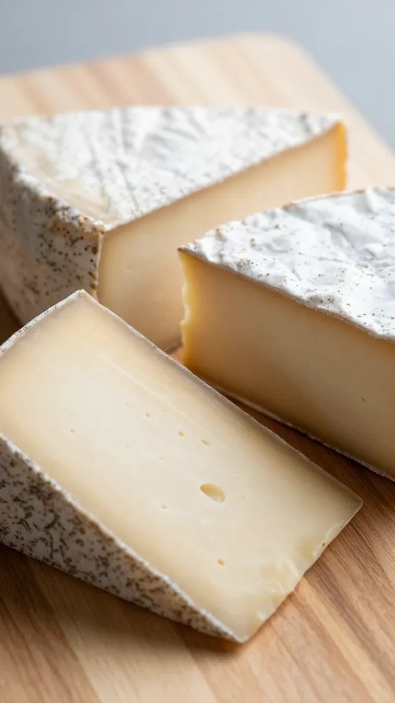 closeup of a single cheese board with three cheeses