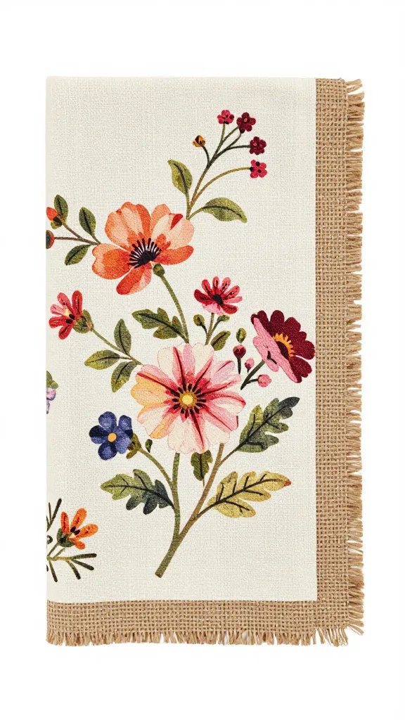 closeup of a single floral napkin with burlap accents