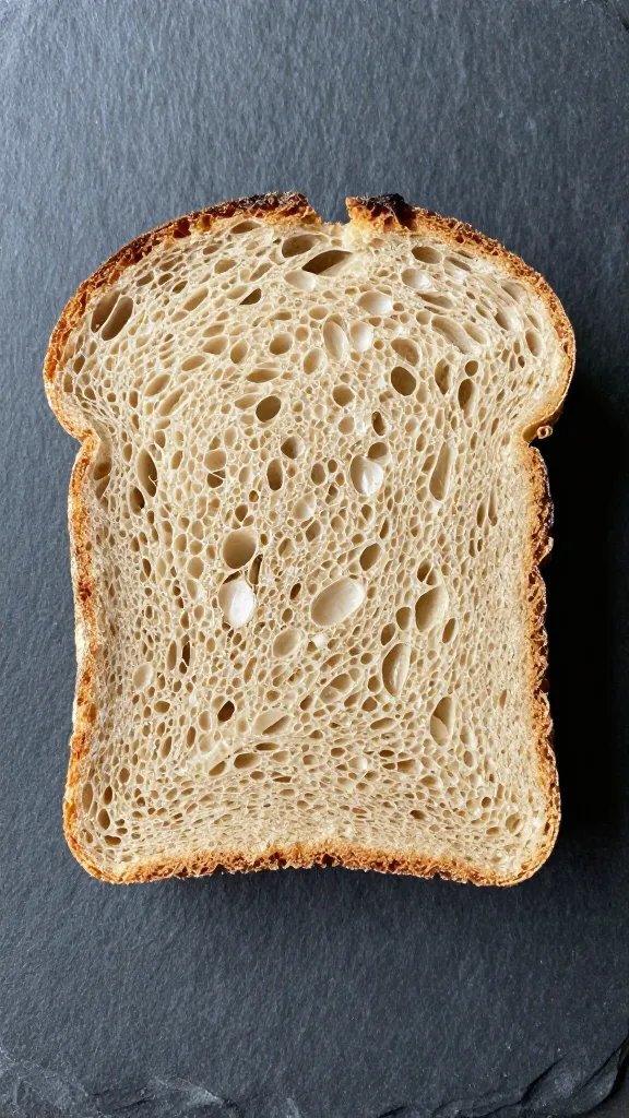 closeup of a single slice of rustic bread on slate