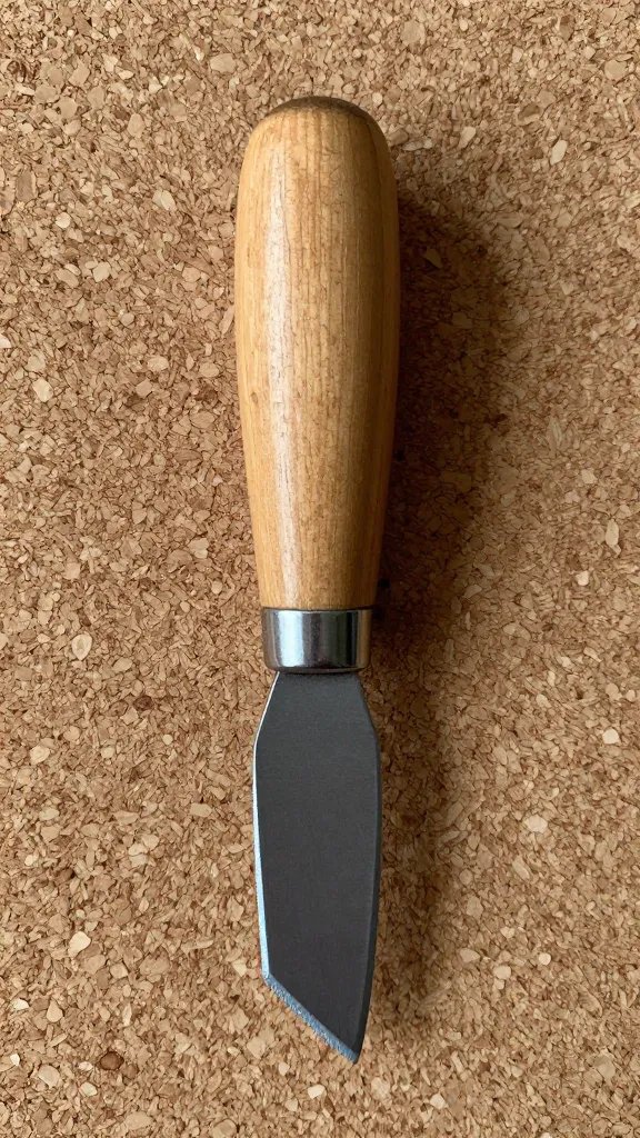 closeup of a single wooden cheese knife on cork board