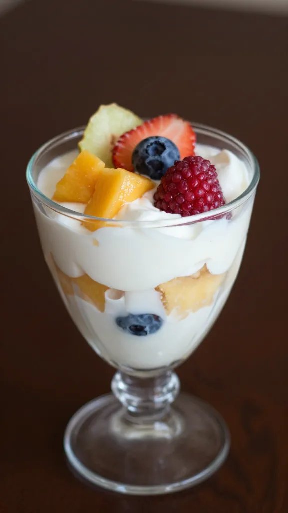 closeup of a single fruit parfait in glass cup