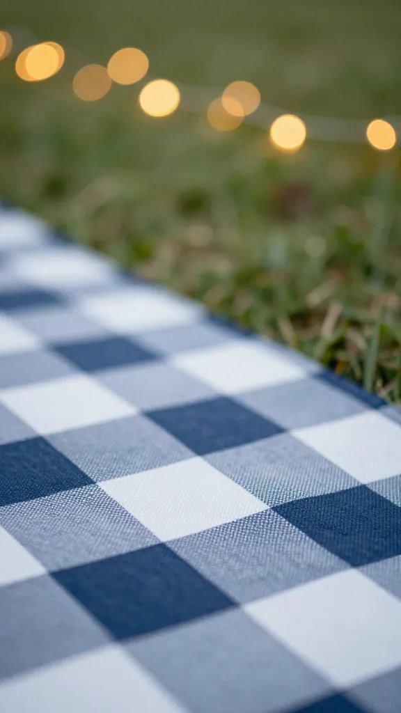 Closeup of a single picnic blanket corner with soft bokeh lights in background