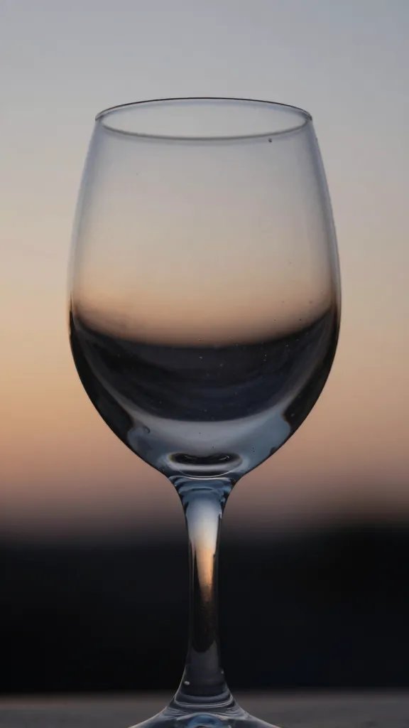 Closeup of a single wine glass catching ambient dusk glow