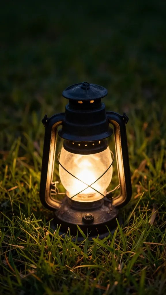 Closeup of a lone lantern casting warm halo on grass