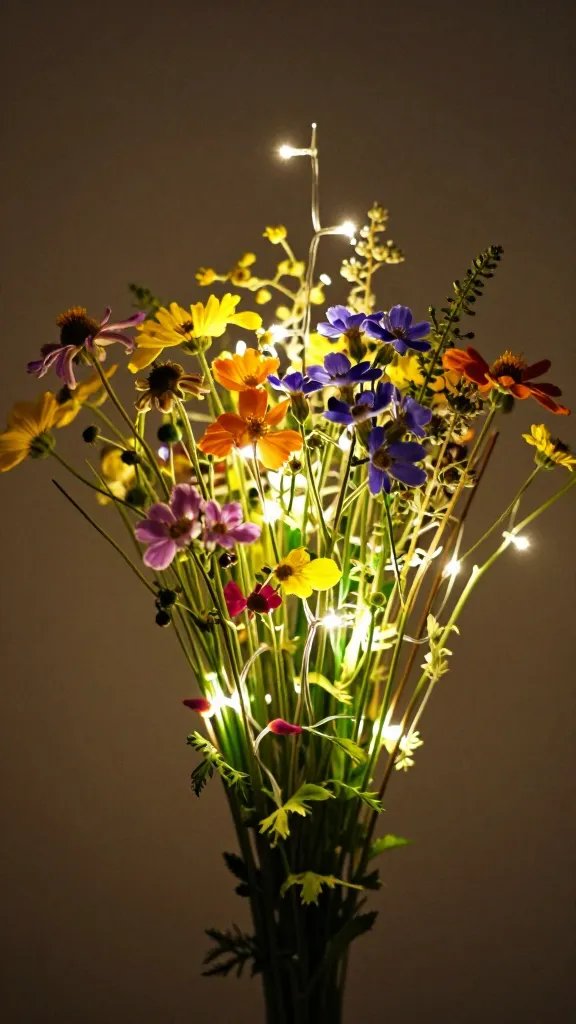 Closeup of a single bouquet of wildflowers under string lights