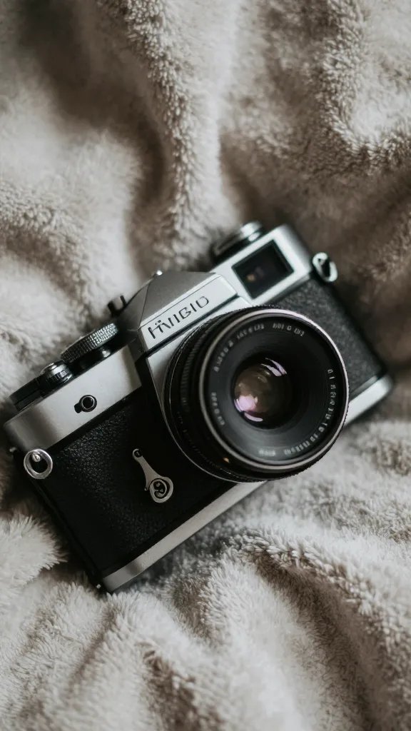 Closeup of a single vintage camera resting on a blanket