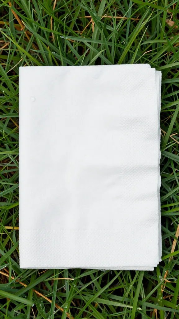 Closeup of a single folded napkin with dew on grass
