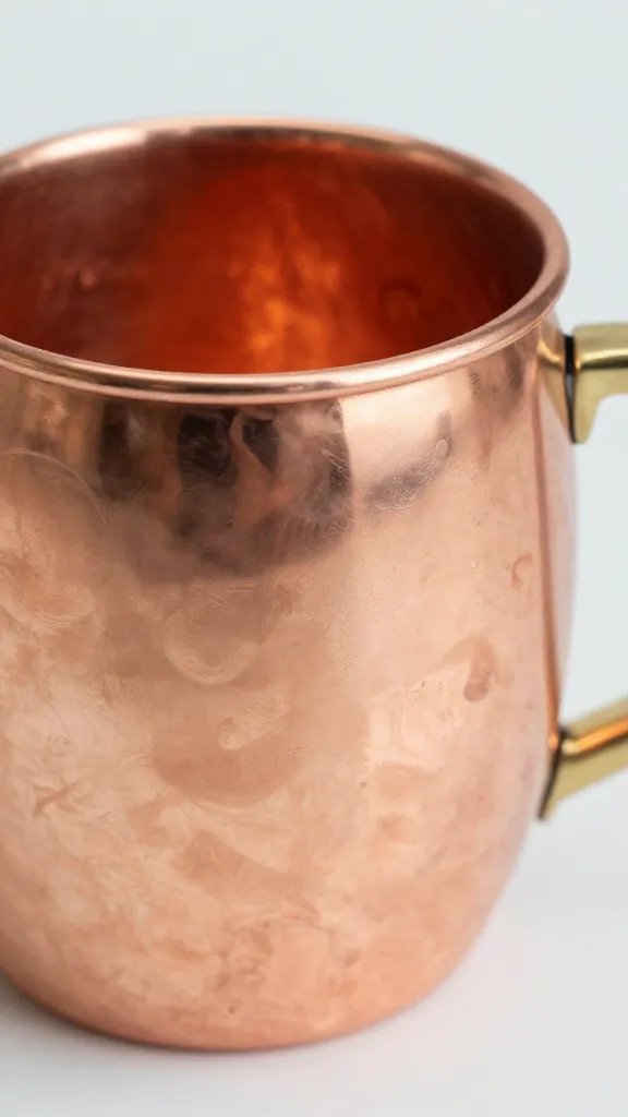 Closeup of a single copper mug reflecting ambient glow