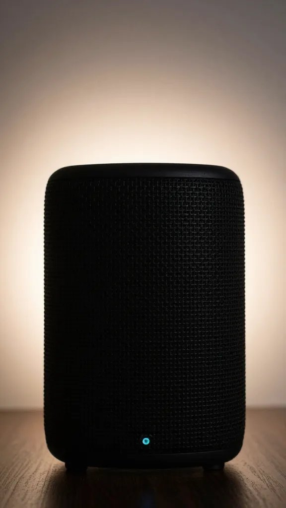 Closeup of a lone compact speaker with soft backlight