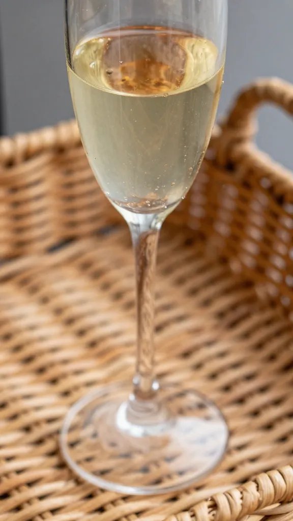 closeup of a champagne flute on a wicker basket