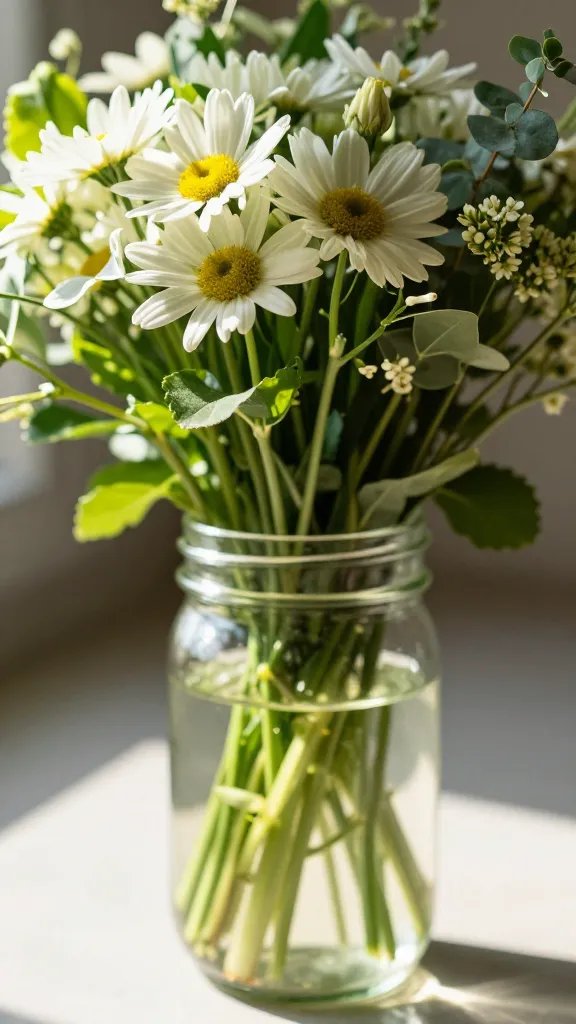 closeup of a sunlit bouquet in a mason jar