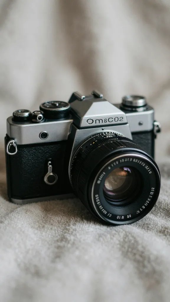 closeup of a vintage camera resting on blanket fabric