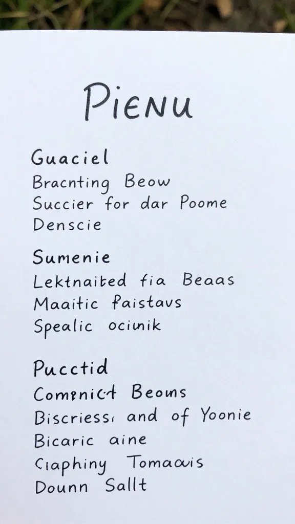 closeup of a hand-twritten picnic menu card
