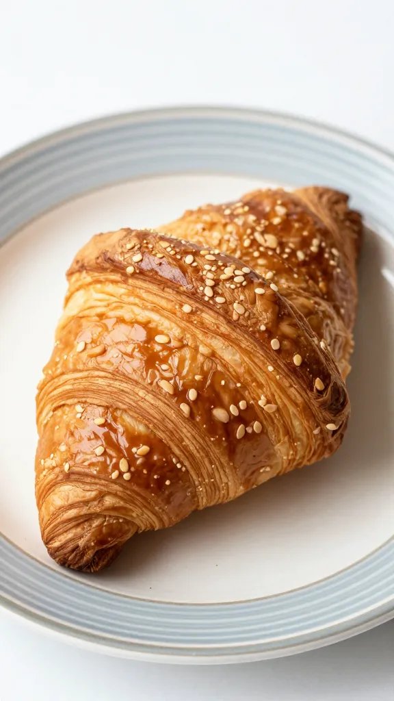 closeup of a single croissant on striped plate