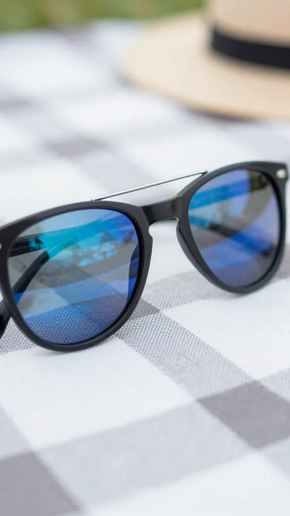 closeup of sunglasses reflected in a picnic spread