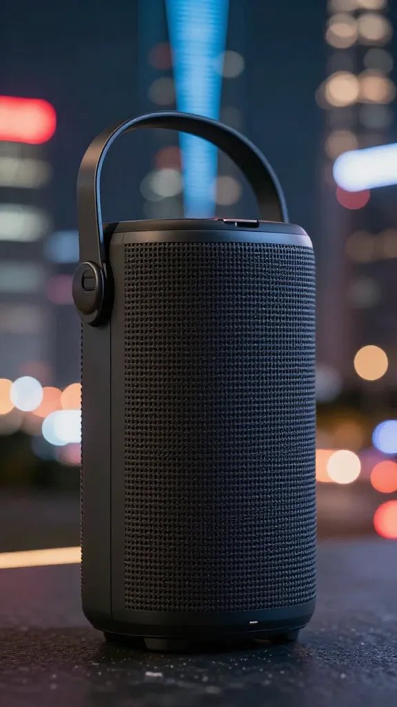 closeup of a portable speaker with city glow backdrop