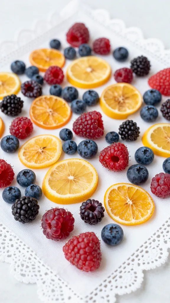 closeup of a lace-edged napkin with berries and fruit spread