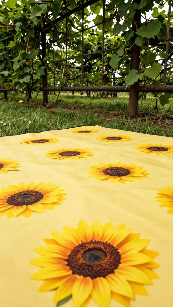 closeup of a sunflower-yellow picnic blanket under trellised vines