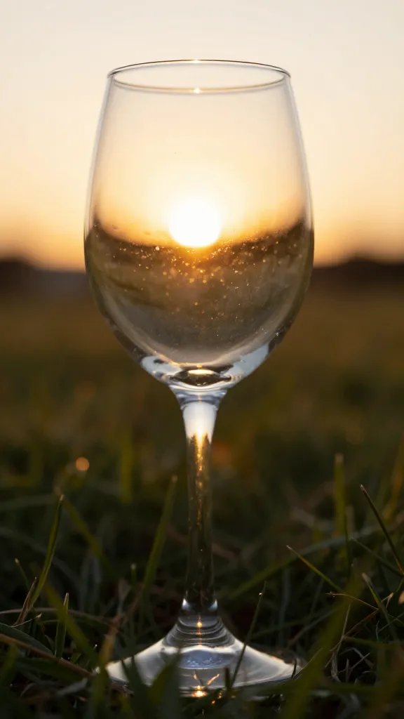 closeup of a wine glass catching golden sunset light on grass