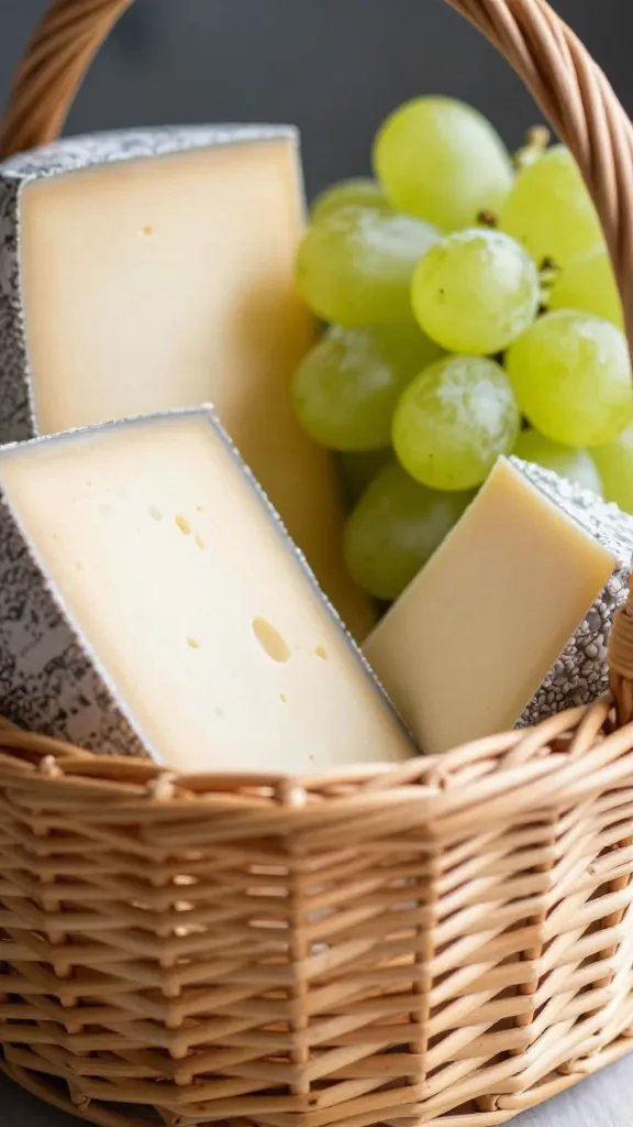 closeup of a wicker basket with cheese and grapes, shallow depth