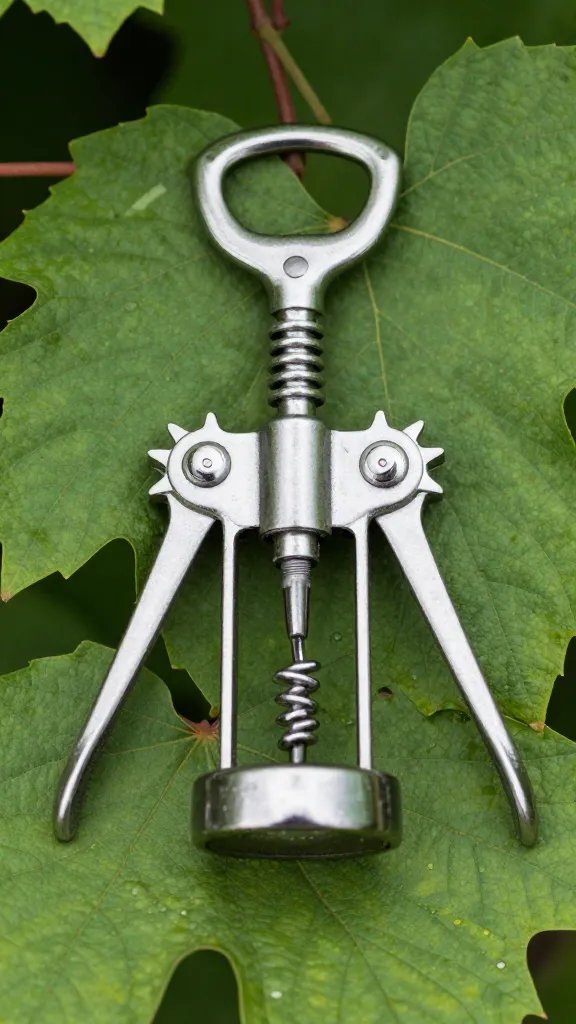 closeup of a vintage corkscrew resting on vine leaves