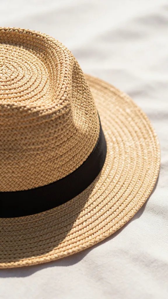 closeup of a straw hat casting warm shadows on picnic blanket