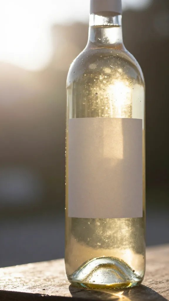 closeup of a bottle of white wine with sunflare through glass